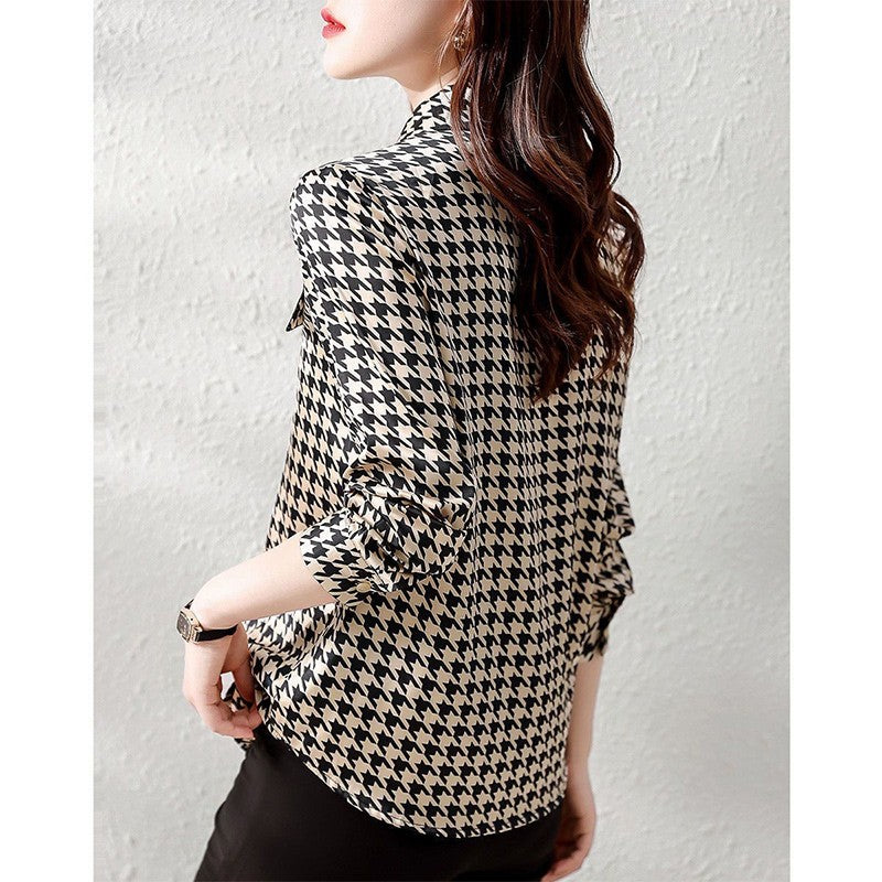 Primavera outono elegante moda houndstooth impressão rendas até camisa senhora