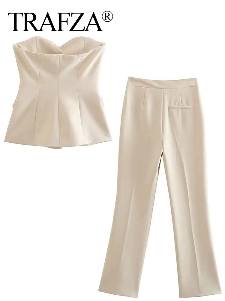 Trafza feminino elegante calça sólida terno botão frontal sem alças sexy reg