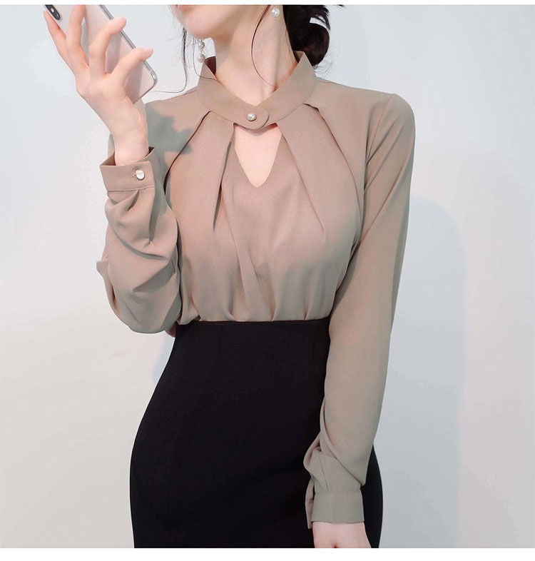 Blusas sólidas femininas camisas de chiffon manga longa fino oco sexy all-match