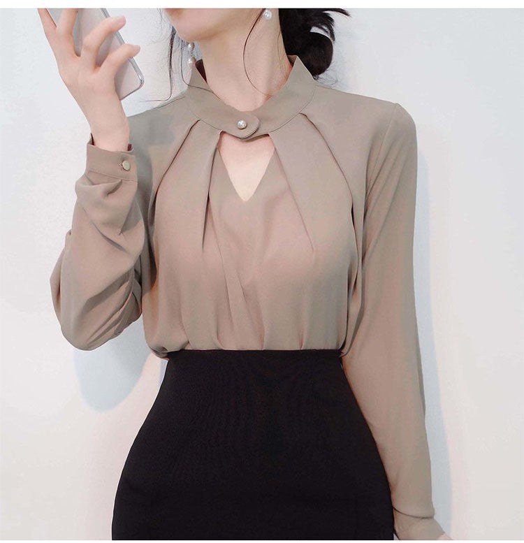 Blusas sólidas femininas camisas de chiffon manga longa fino oco sexy all-match