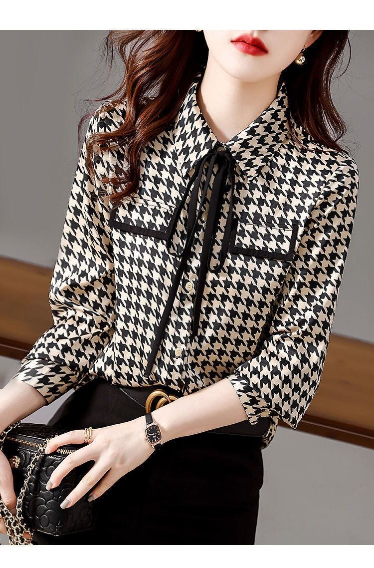Primavera outono elegante moda houndstooth impressão rendas até camisa senhora