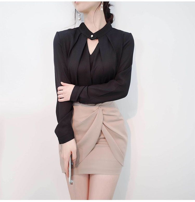 Blusas sólidas femininas camisas de chiffon manga longa fino oco sexy all-match