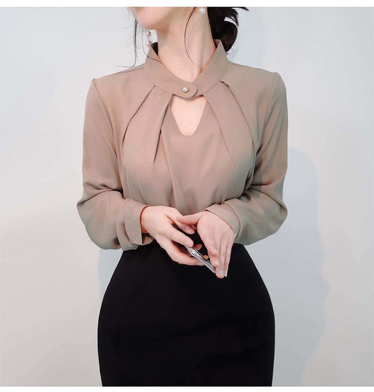 Blusas sólidas femininas camisas de chiffon manga longa fino oco sexy all-match