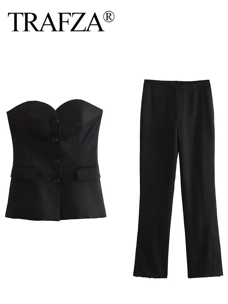 Trafza feminino elegante calça sólida terno botão frontal sem alças sexy reg