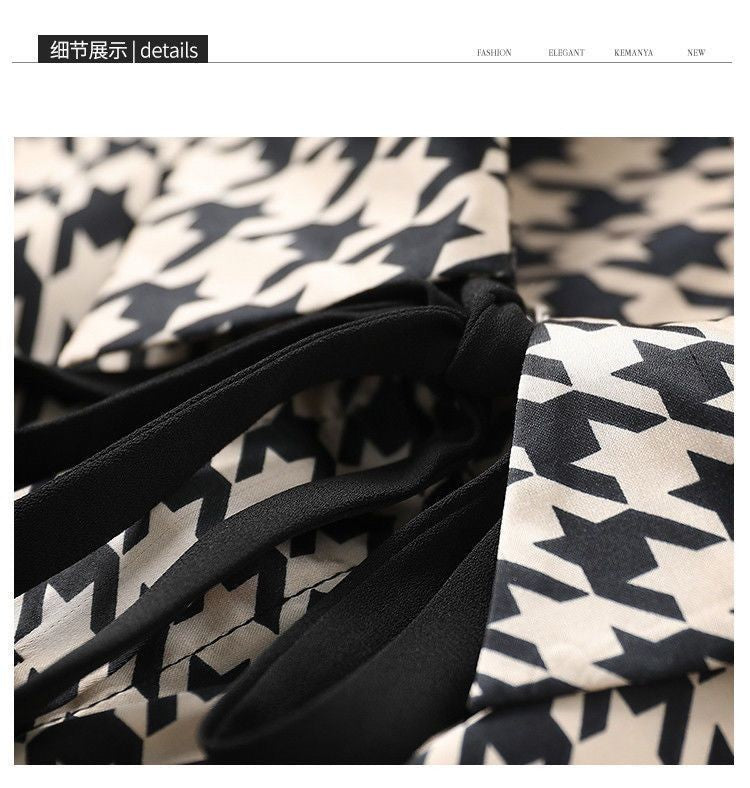 Primavera outono elegante moda houndstooth impressão rendas até camisa senhora