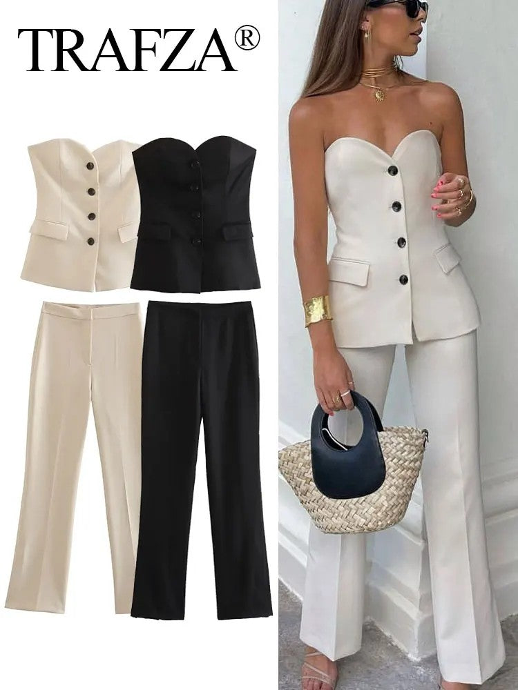 Trafza feminino elegante calça sólida terno botão frontal sem alças sexy reg