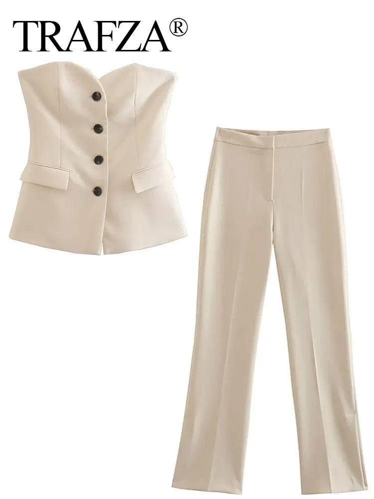 Trafza feminino elegante calça sólida terno botão frontal sem alças sexy reg