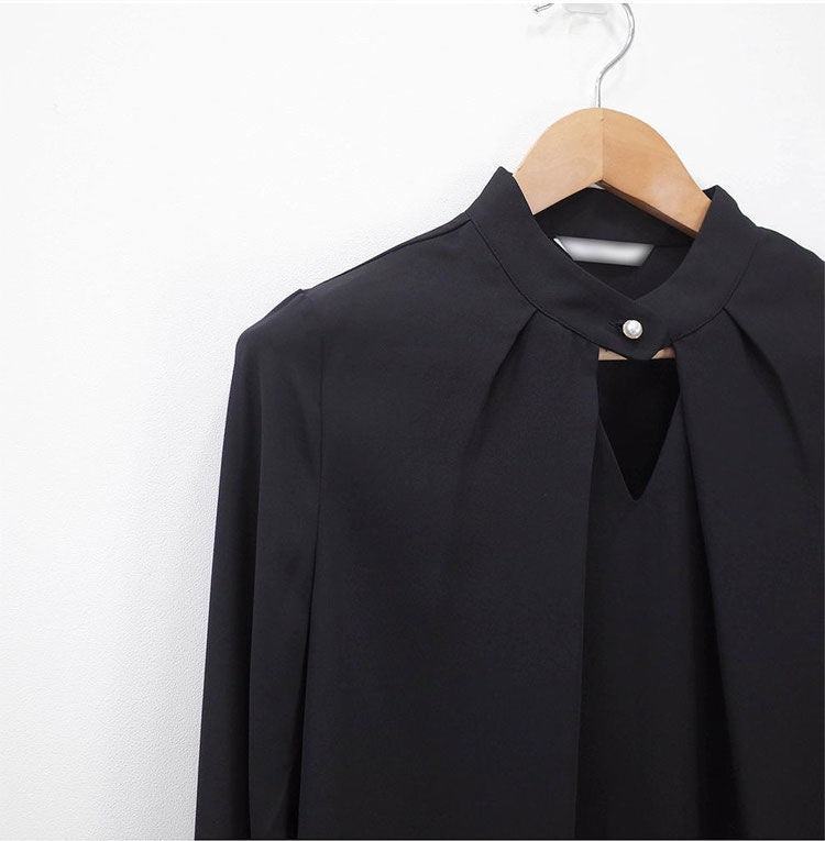 Blusas sólidas femininas camisas de chiffon manga longa fino oco sexy all-match