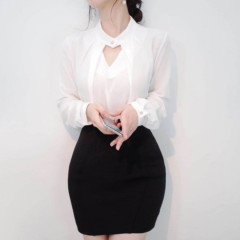 Blusas sólidas femininas camisas de chiffon manga longa fino oco sexy all-match
