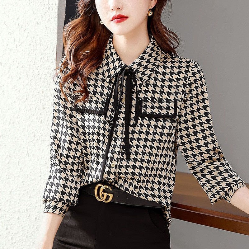 Primavera outono elegante moda houndstooth impressão rendas até camisa senhora