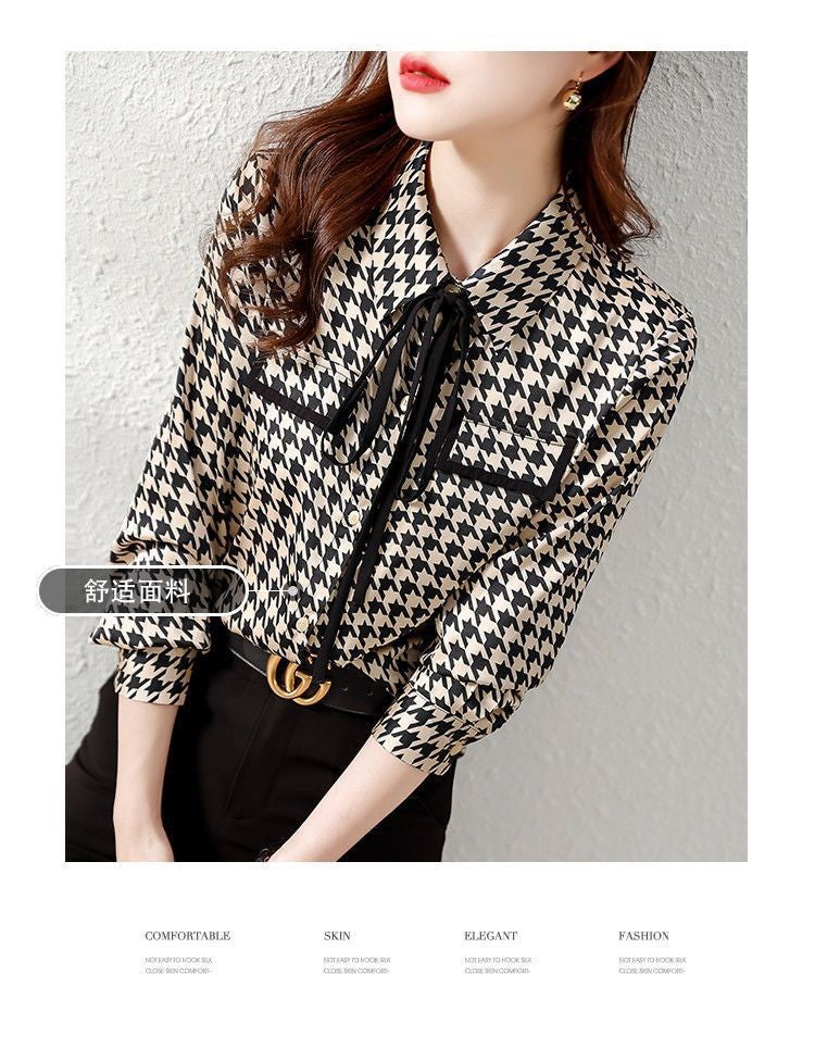 Primavera outono elegante moda houndstooth impressão rendas até camisa senhora