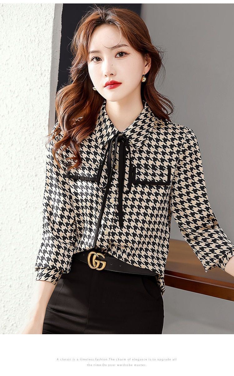 Primavera outono elegante moda houndstooth impressão rendas até camisa senhora