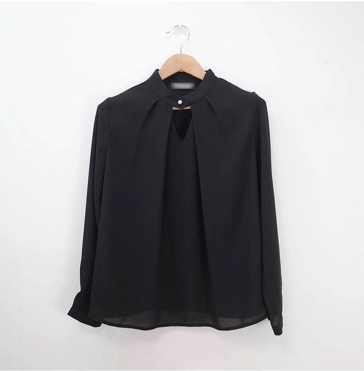 Blusas sólidas femininas camisas de chiffon manga longa fino oco sexy all-match
