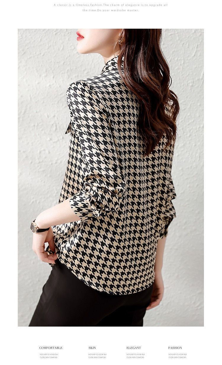 Primavera outono elegante moda houndstooth impressão rendas até camisa senhora