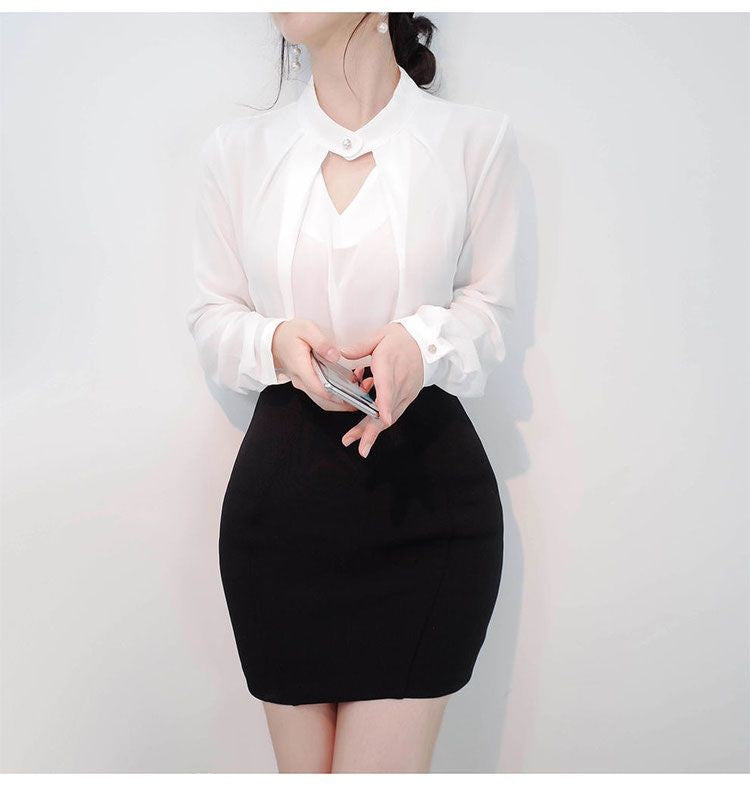 Blusas sólidas femininas camisas de chiffon manga longa fino oco sexy all-match