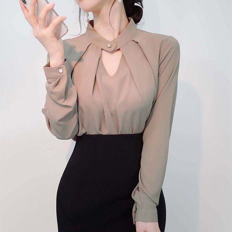 Blusas sólidas femininas camisas de chiffon manga longa fino oco sexy all-match