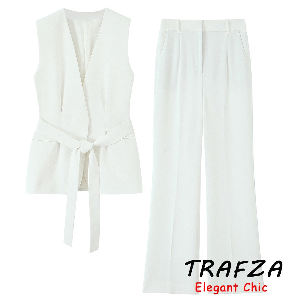 Trafza feminino romântico colete vermelho conjunto com decote em v com cinto ca