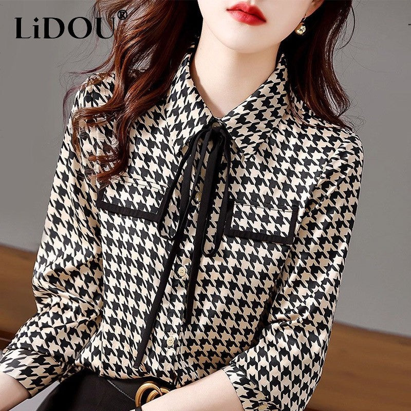 Primavera outono elegante moda houndstooth impressão rendas até camisa senhora