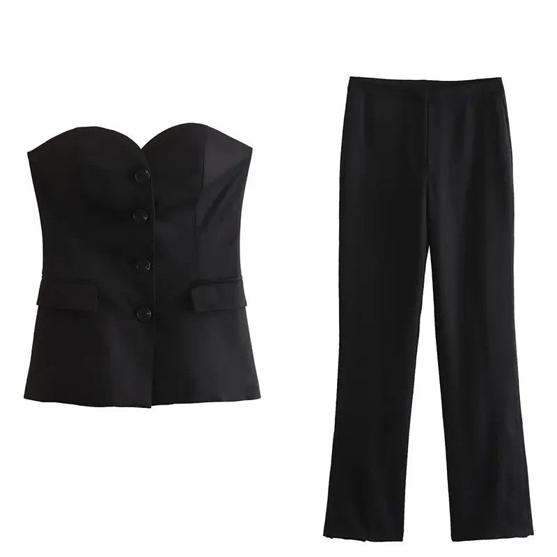 Trafza feminino elegante calça sólida terno botão frontal sem alças sexy reg