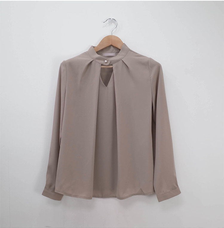 Blusas sólidas femininas camisas de chiffon manga longa fino oco sexy all-match