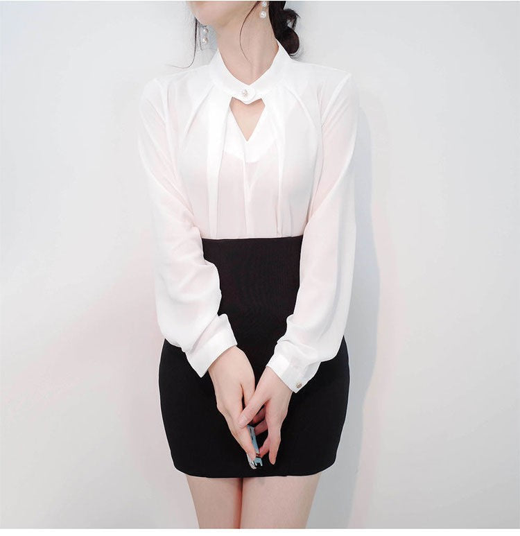 Blusas sólidas femininas camisas de chiffon manga longa fino oco sexy all-match