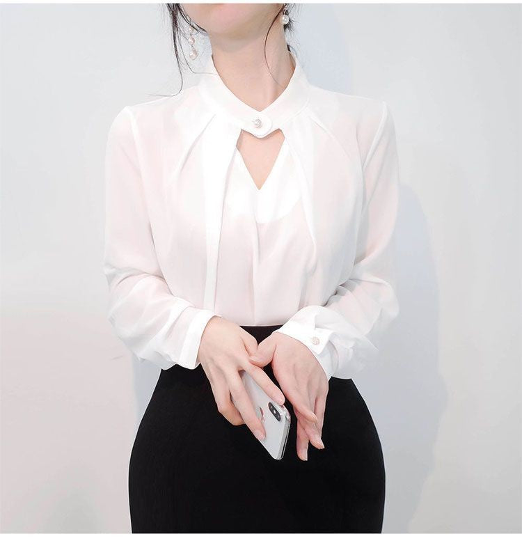 Blusas sólidas femininas camisas de chiffon manga longa fino oco sexy all-match