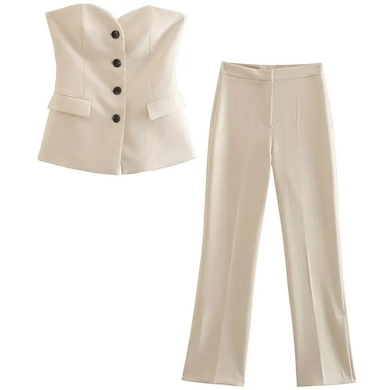 Trafza feminino elegante calça sólida terno botão frontal sem alças sexy reg