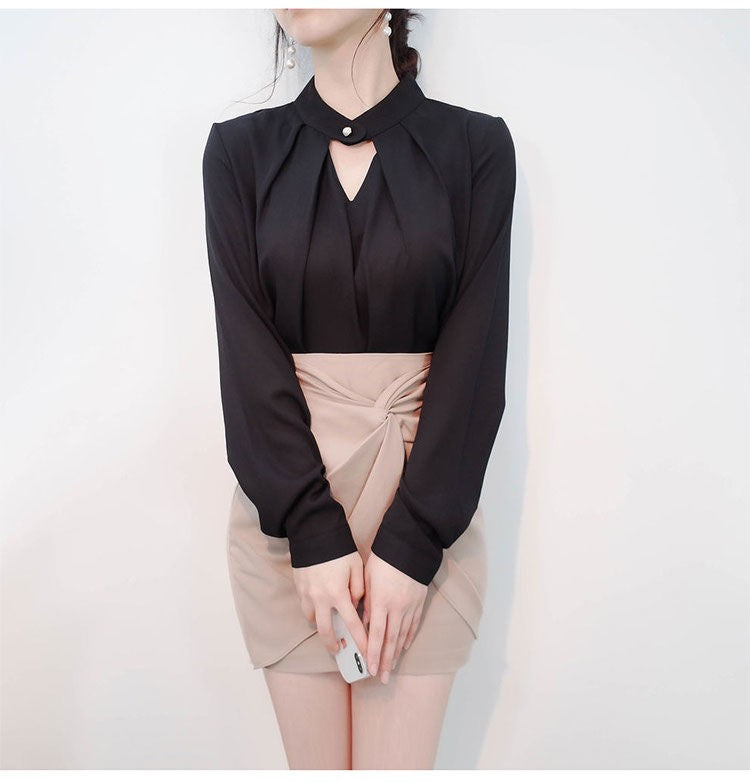 Blusas sólidas femininas camisas de chiffon manga longa fino oco sexy all-match