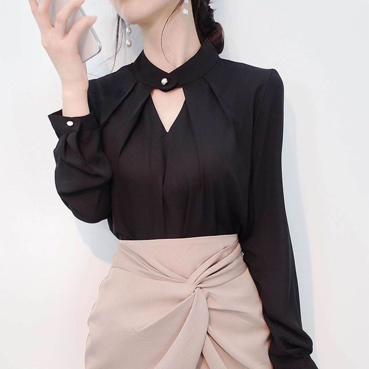 Blusas sólidas femininas camisas de chiffon manga longa fino oco sexy all-match