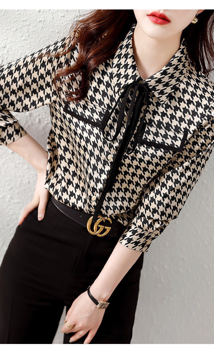 Primavera outono elegante moda houndstooth impressão rendas até camisa senhora
