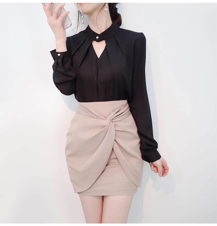 Blusas sólidas femininas camisas de chiffon manga longa fino oco sexy all-match