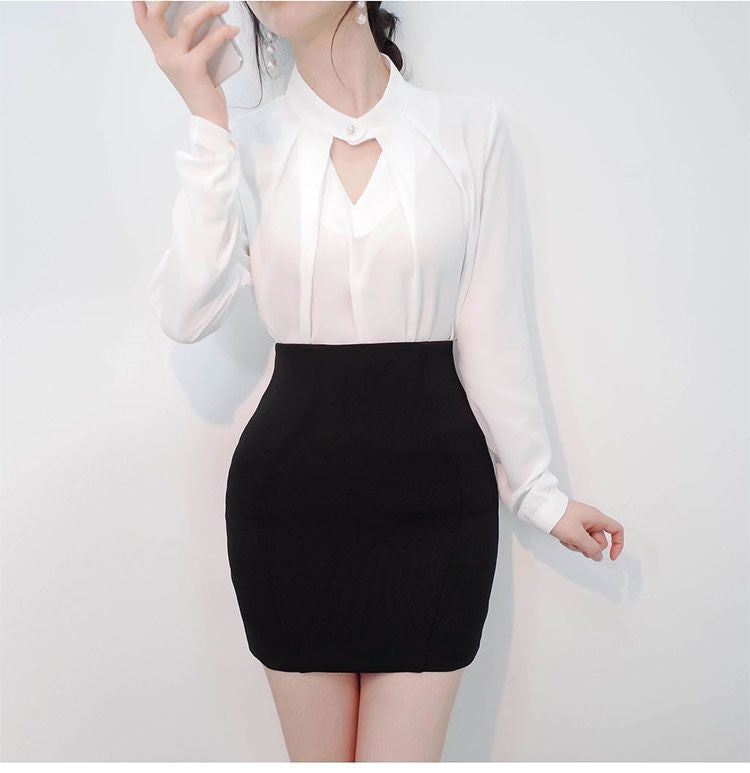 Blusas sólidas femininas camisas de chiffon manga longa fino oco sexy all-match