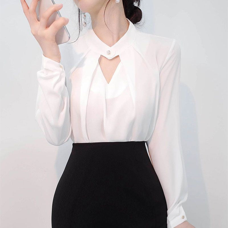 Blusas sólidas femininas camisas de chiffon manga longa fino oco sexy all-match