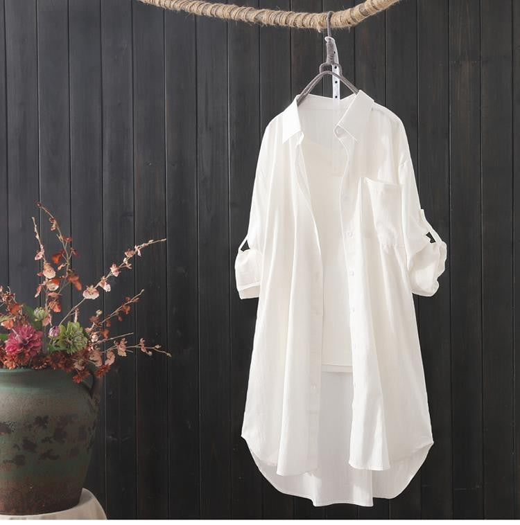 Moda coreana camisa branca feminina 2023 primavera verão solto solto midi camis
