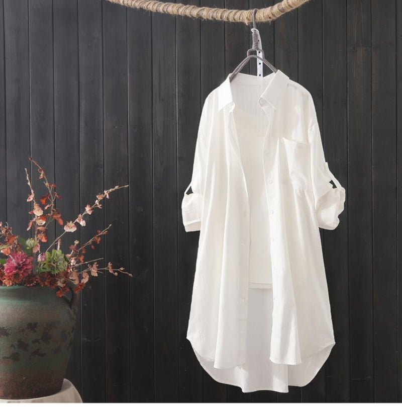 Moda coreana camisa branca feminina 2023 primavera verão solto solto midi camis