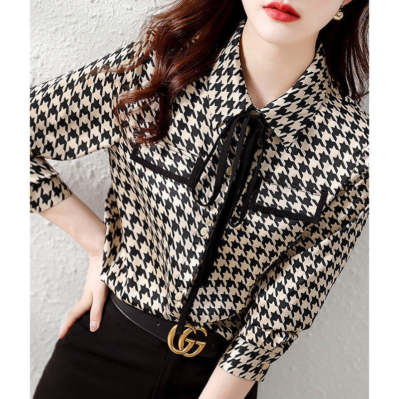 Primavera outono elegante moda houndstooth impressão rendas até camisa senhora