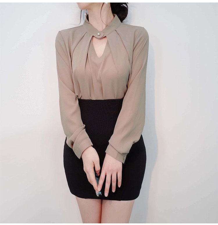 Blusas sólidas femininas camisas de chiffon manga longa fino oco sexy all-match