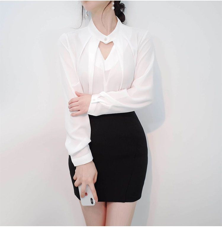 Blusas sólidas femininas camisas de chiffon manga longa fino oco sexy all-match