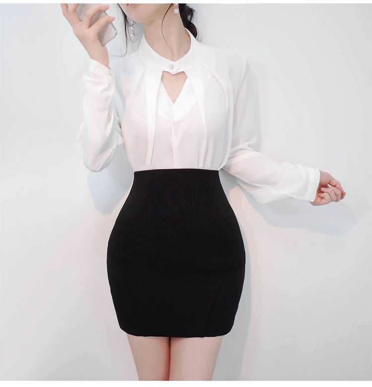 Blusas sólidas femininas camisas de chiffon manga longa fino oco sexy all-match