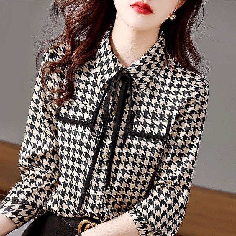 Primavera outono elegante moda houndstooth impressão rendas até camisa senhora