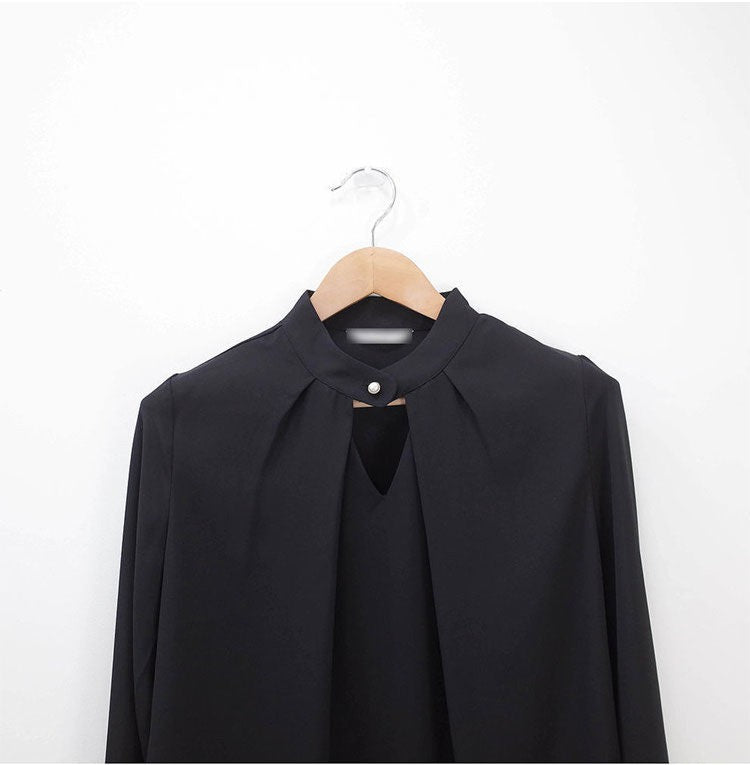 Blusas sólidas femininas camisas de chiffon manga longa fino oco sexy all-match