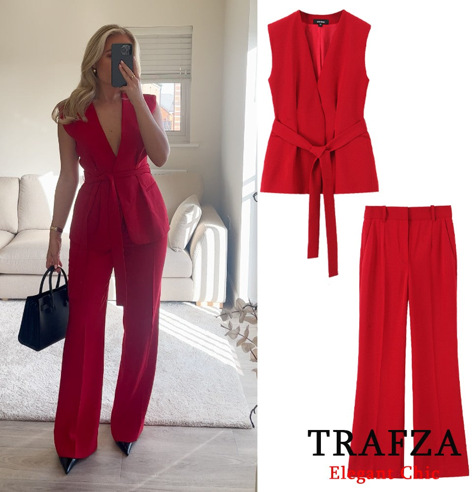 Trafza feminino romântico colete vermelho conjunto com decote em v com cinto ca