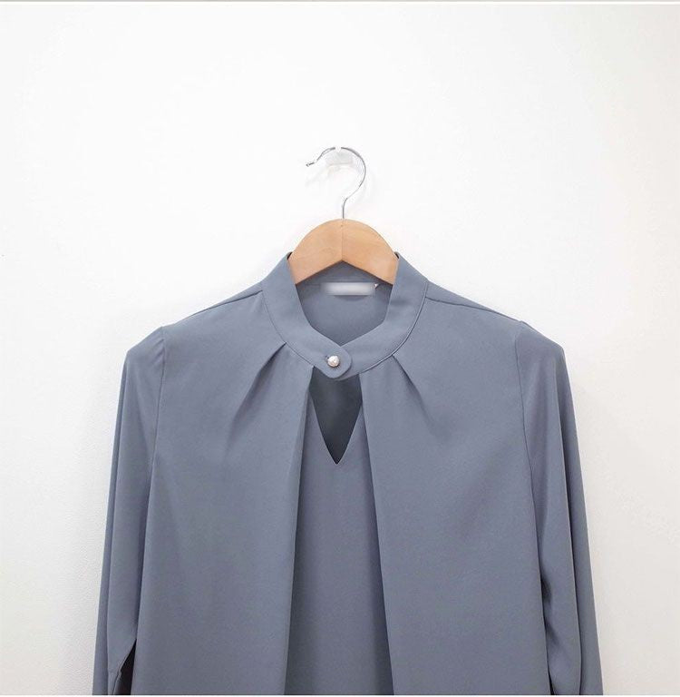 Blusas sólidas femininas camisas de chiffon manga longa fino oco sexy all-match