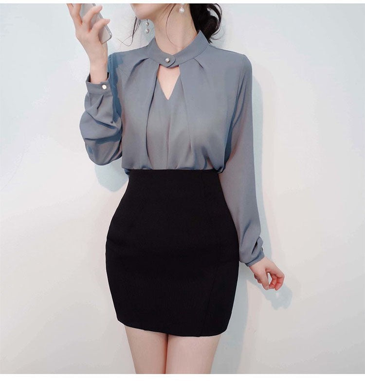 Blusas sólidas femininas camisas de chiffon manga longa fino oco sexy all-match
