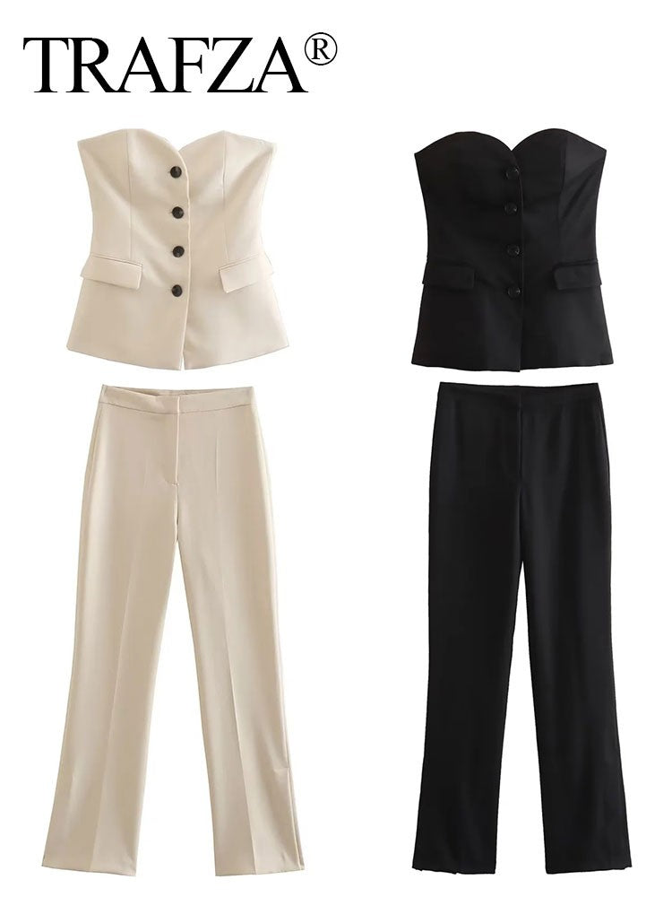 Trafza feminino elegante calça sólida terno botão frontal sem alças sexy reg