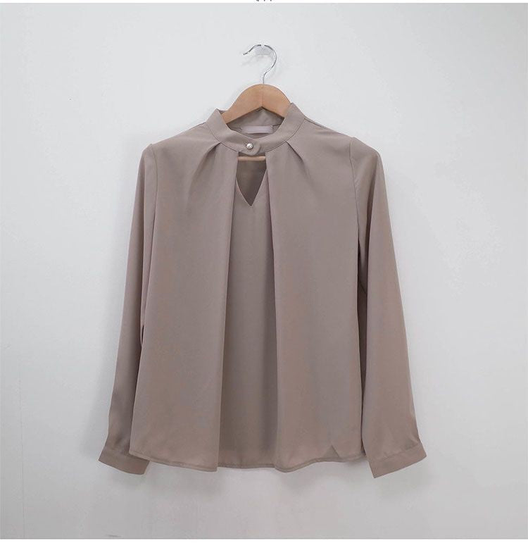 Blusas sólidas femininas camisas de chiffon manga longa fino oco sexy all-match