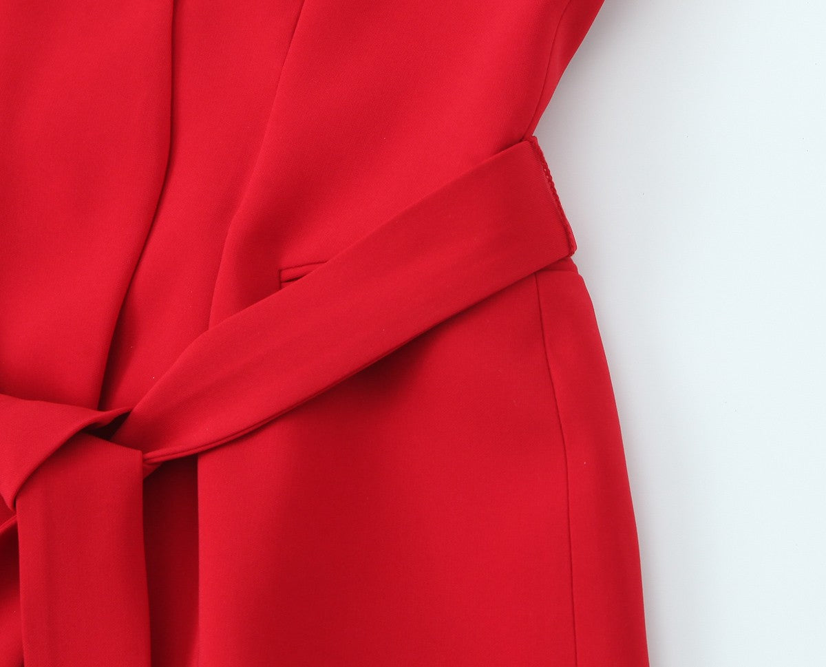 Trafza feminino romântico colete vermelho conjunto com decote em v com cinto ca