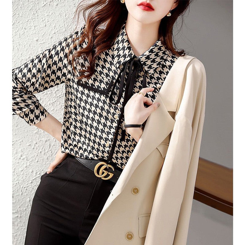 Primavera outono elegante moda houndstooth impressão rendas até camisa senhora
