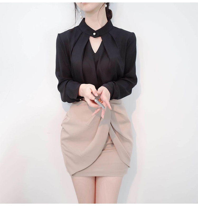 Blusas sólidas femininas camisas de chiffon manga longa fino oco sexy all-match