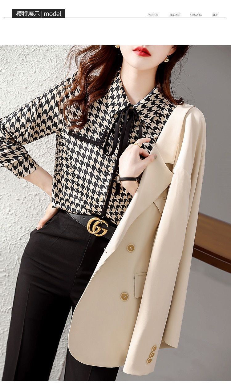 Primavera outono elegante moda houndstooth impressão rendas até camisa senhora